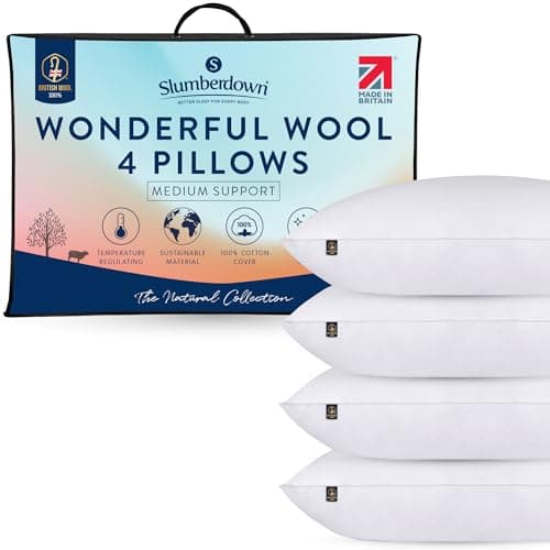 Image of Slumberdown 100% British Wool Pillows 4 Pack - Naturally Cooling & Moisture-Wicking for Hot Sleepers, Luxury Back & Side Sleeper Bed Pillow - Hypoallergenic Cotton Cover, UK-Made (48 x 74cm)