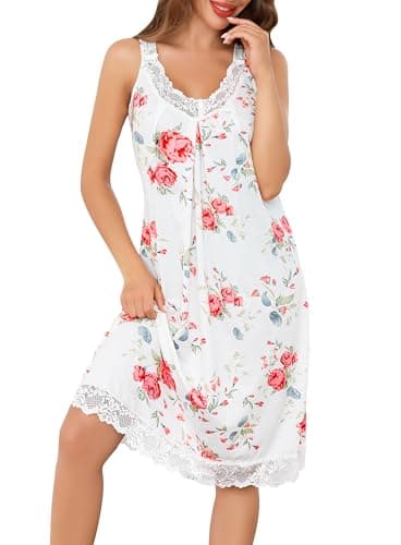Image of Lovasy Nighties for Women Cotton Nightdresses for Women UK Ladies Nighties Nightdress Long V Neck Night Dress Nighty Loose Sleeveless Chemise Negligees with Lace,White,XL