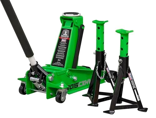 Image of Sealey 3 Tonne Trolley Jack with Super Rocket Lift & Axle Stands (Pair) - Hi-Vis Green - 3015CXHV