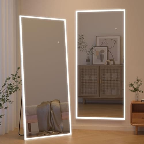 Image of CASSILANDO 165 x 60 cm Full Length Mirror with LED Lights, Free Standing Floor Mirror, Wall Mounted Mirror, Color Dimmable & Brightness Adjustment for Bedroom, LED, White with Stand