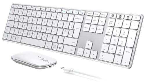 Image of seenda Wireless Bluetooth Keyboard Mouse, SKM64-3 Multi-Device Rechargeable Ultra Slim Wireless Mouse and Keyboard Set for Windows, Mac OS, Laptop, Tablet, iPad, QWERTY UK Layout, White and Silver