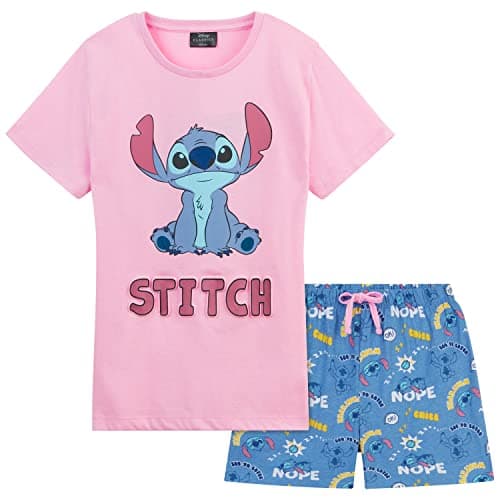 Image of Disney Girls Short Pyjamas Set, Soft Breathable 2 Piece Lounge Wear - Girls Gifts (Pink/Blue Stitch, 13-14 Years)