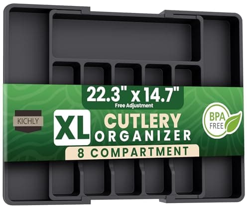 Image of KICHLY Cutlery and Kitchen cutlery drawer organiser Expandable 8 Compartment for Kitchen, Multipurpose Large cutlery Tray and Spoon Holder, Adjustable Silverware Plastic Organizer, (Black)