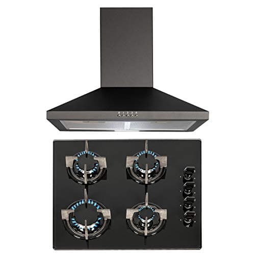 Image of SIA 60cm Black 4 Burner Gas On Glass Hob & Chimney Cooker Hood Extractor Fan