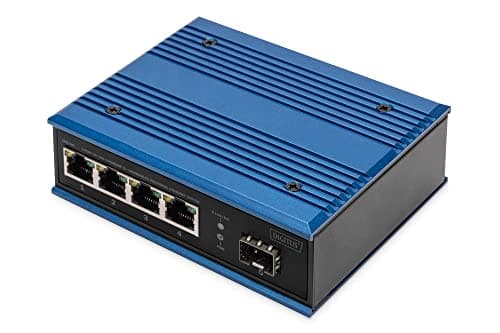 Image of DIGITUS Network switch - 5-port Gigabit Ethernet - 4x RJ45 + 1x SFP port - unmanaged - 10/100/1000 Mbit/s - top-hat rail & wall mounting - IP40 - Industrial series - blue