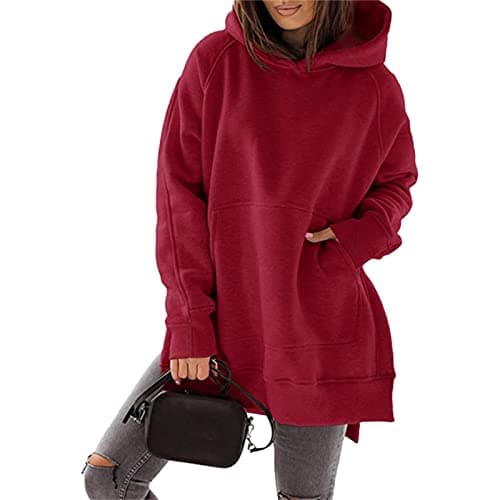 Image of Split Hem Hoodie, Thick Long Sleeve Pure Color Pocket Oversize Hoodie for Outdoor (L) Burgundy