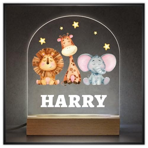 Image of Jungle Animal Nursery Night Light with Childs Name, Personalised LED Night Light For Baby, Safari Theme Nursery Decor, Elephant Giraffe Lion Sleep Light Lamp