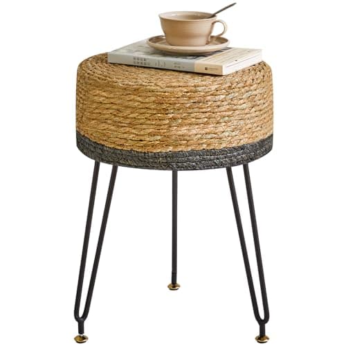 Image of YMYNY Footstool Natural Seagrass Hand Weave, Vanity Makeup Stool, Pastoral Style Footrest, Padded Foot Rest with Metal Legs, Foot Rest Sofa Dressing Stool, for Living Room, 32×32×45CM Black HBD029B