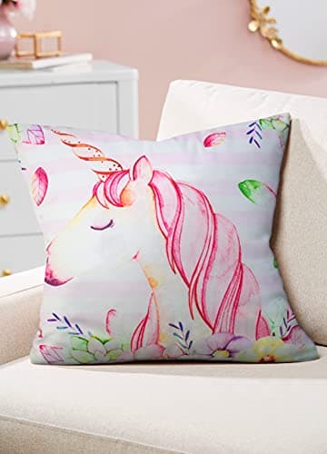 Image of Velosso Pack of 2 Super Soft Unicorn Micromink Velvet Touch Filled Cushions Decorative Scatter Pillow Cushions 43x43cms (Unicorn Stripe)