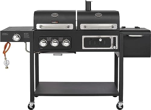 Image of CosmoGrill Hybrid 4 Burner Barbecue with Waterproof Cover | DUO Dual Fuel BBQ 3+1 Gas Grill and Charcoal Smoker BBQ Grill, Thermometer, Warming Rack | Outdoor Portable Dual Fuel Large Coal Barbecue