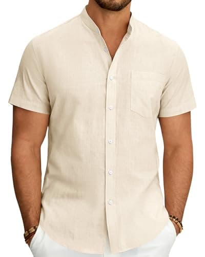 Image of J.VER Grandad Linen Shirts for Men Collarless Casual Short Sleeve Lightweight Summer Beach Wedding Holiday Henley Shirt with Pocket Beige XXL