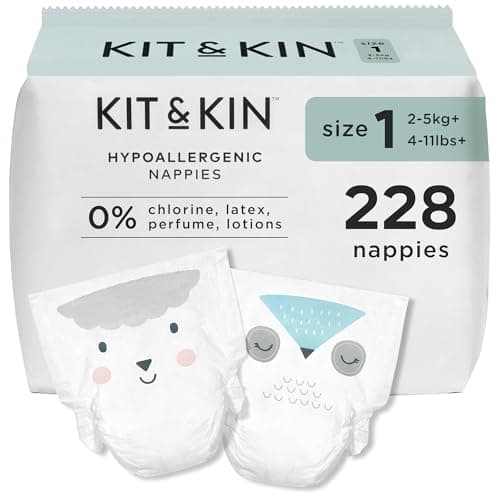 Image of Kit & Kin Premium Baby Nappies Size 1 | Newborn 2-5 kgs / 4-11 lbs | Pack of 228 Nappies | Plant-Based Materials On Baby's Skin | Hypoallergenic | Superior Leak Protection