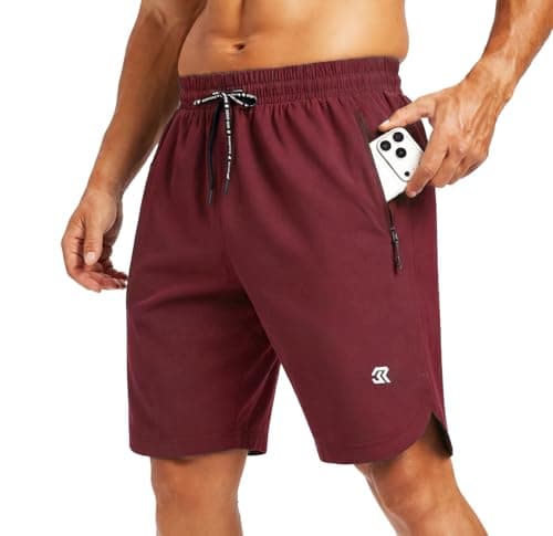 Image of Men's Running Shorts Side Split Athletic Gym Training Shorts with Zipper Pockets Quick Dry Lightweight Performance Workout Bottoms for Marathon Jogging Bodybuilding Fitness Sports Wear Wind red M