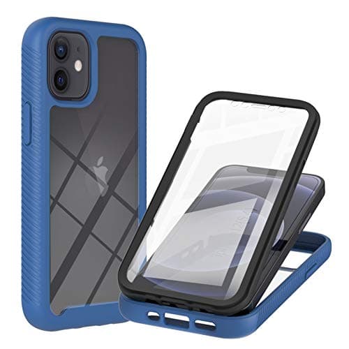 Image of Sawiqpd iPhone 12 Mini Case with Built-in Screen Protector, 360 Full Body Protective Cover Heavy Duty Anti-Scratch Shockproof Slim Silicone Bumper Clear Phone Case for iPhone 12 Mini 5.4", Blue