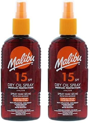 Image of Malibu Suntan Dry Oil Spray Very Water Resistant SPF 15 Medium Protection (Pack of 2)