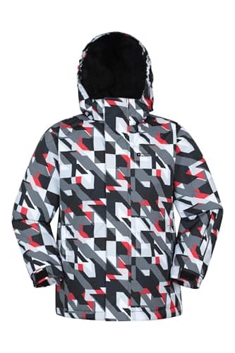 Image of Mountain Warehouse Mogal Printed Kids Waterproof Ski Jacket - Zipped Pockets, Detachable Hood, Snowskirt -Best for Snowboarding, Winter Sports Dark Grey Kids Size 7-8 Years