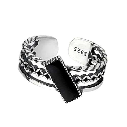 Image of HCMA 925 Silver Fashion Double Layer Black Drop Glaze Rectangle Silver Ring Twist Rope Ring Jewelry