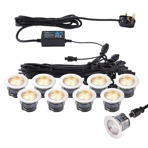 Image of National Lighting IKON PRO Pack of 10 Colour Changing (CCT) Warm & Cool White LED 45mm Round Stainless Steel Outdoor Garden Decking Pathway Kitchen Plinth Lights Kit - IP67