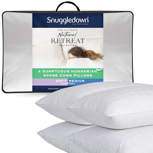Image of Snuggledown Hungarian Goose Down Pillows 4 Pack - 80:20 Ethically Sourced Fill for Front & Back Sleepers | Jacquard Cotton Cover, UK‑Made, Non-Allergenic & Washable (48 × 74 cm)