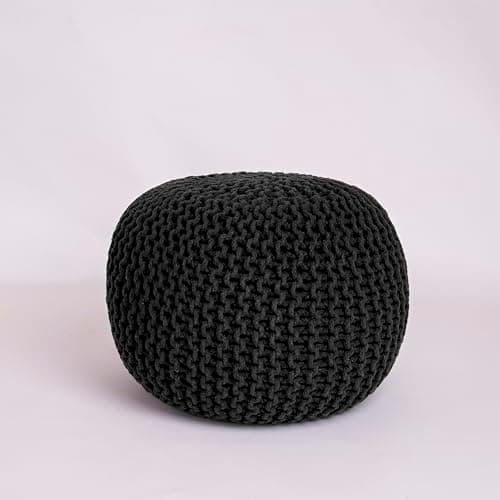 Image of EXQUIZIT HOME® Knitted Round Pouffe Foot Stool Ottoman – Large 100% Cotton Chunky Hand-Knit Pouf with Polystyrene Beads Filling – Soft & Comfortable Footrest and Occasional Seating, 50cm (Black)