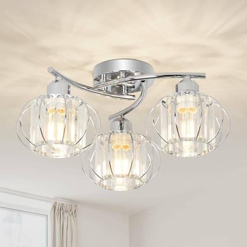 Image of Stepeak Crystal Ceiling Lights Living Room, 3-Lights Chandeliers Ceiling Light Chrome, Modern Ceiling Lights with Glass Lampshades, Crystal Chandelier for Bedroom, Kitchen Light Ceilings for Hallway