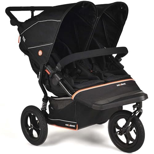 Image of Out’n’About Nipper Double V6 Pushchair | Lightweight All-Terrain 3 Wheel Double Buggy & Rain Cover | 12” Air-Filled Tyres, 71cm Wide, Compact Fold Stroller, Pram | Newborn to 4yrs (Summit Black)
