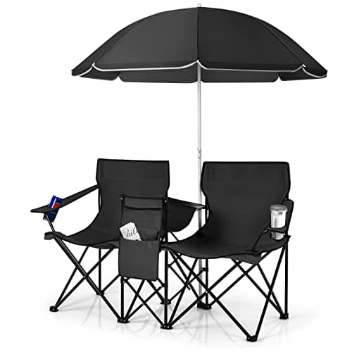 Image of TANGZON Double Camping Chair, Portable Folding Loveseat Chair with Umbrella and Carry Bag, Outdoor Leisure Lover Chairs for Finishing, Picnic, Travel, Hiking, Beach and BBQ (Black)