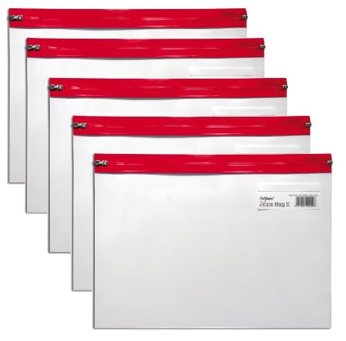 Image of Snopake A5 Zippa-Bag ‘S’ Classic with Write-On Label [Pack of 5] 255 x 190 mm - Transparent/Red Zip Strip [Ref: 12692]