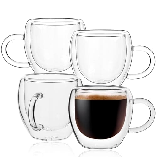 Image of Wells 2.5oz Espresso Cups Set of 4, Borosilicate Glass, Clear, Double Wall Insulated, Modern, Reusable, Freezer Safe, 2.5 ounces Capacity, Perfect for Espresso Machine