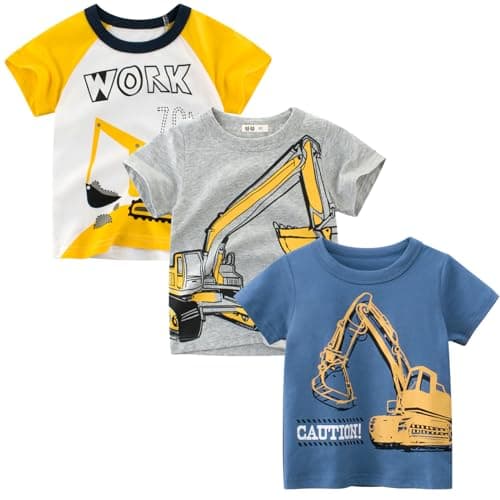 Image of LAUSONS Boys T-Shirt Pack of 3 Boys Kids Crew Neck Short Sleeve Shirts Casual Summer Cotton Tee Top Cartoon Excavator 4-5 Years