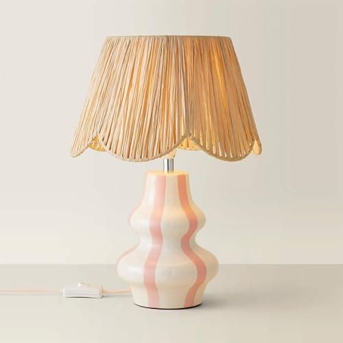 Image of ValueLights | Blush Pink Ceramic Pin Stripe Bedside Table Lamp with Natural Raffia Lampshade Living Room Bedroom Light | Table Lamps, Home Décor & Improvement Essential