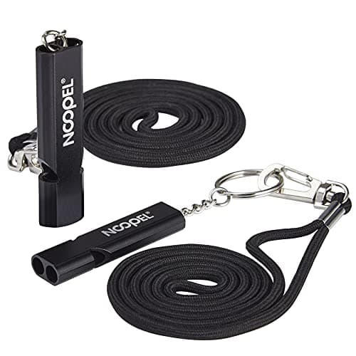 Image of Emergency Survival Whistle Noopel Double Tubes Safety Whistles 2 pack with lanyard and keychain for Boating Outdoor Camping Hiking Hunting Sports Dog Training (2 Pack Black)