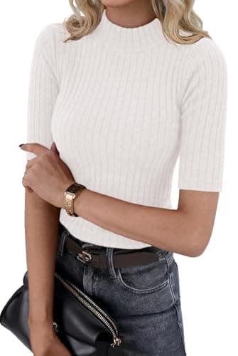 Image of PrinStory Summer Tops for Women UK Half Sleeve Slim Fit T Shirts Crew Neck Tops Solid Knit T Shirts Short Sleeve Jumpers (White, S)