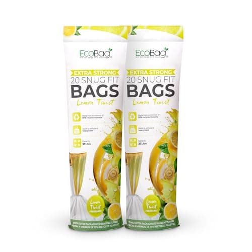 Image of EcoBag - 40 Pack Lemon Scented Kitchen Drawstring Bin Liner - 30L - 25 Microns - Heavy Duty, Extra Strong, Brabantia Compatible, Tear Resistant, Fresh Smell (465 x 750mm)