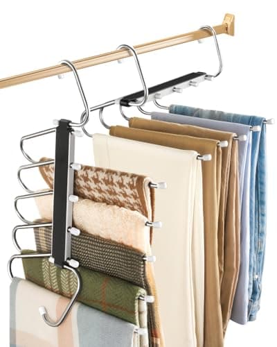 Image of 2 Pack Trouser Hangers Space Saving, 5-in-1 Trousers Hangers Non-Slip Clothes Hangers for Wardrobe, Multi-Layer Pants Hanger for Closet Organizers and Storage, Coat Hangers for Jeans Scarfs Tie Towel