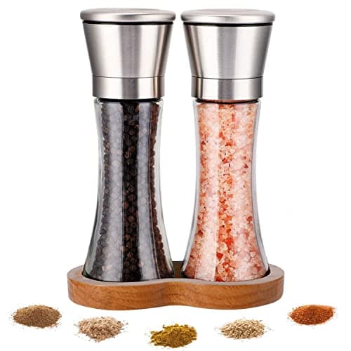 Image of LessMo Salt and Pepper Grinder Set, Premium Stainless Steel Salt & Pepper Mill withAdjustable Coarsenes & Wooden Standing Tray, Stainless Steel Refillable Salt & Peppercorn Shakers