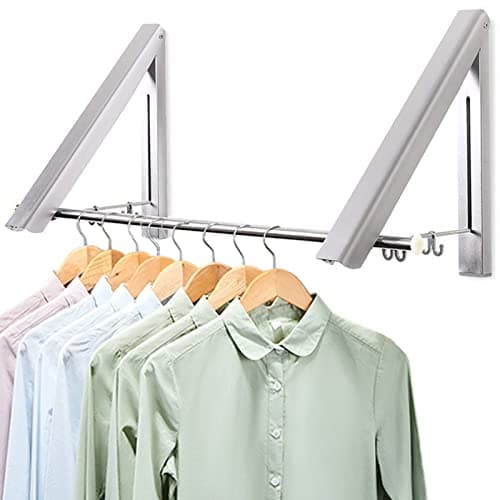 Image of LIVEHITOP Foldable Wall Mounted Clothes Rail 2 Pieces, Coat Hanger Racks Dryer Aluminum Hanging Rod Wardrobe Hooks for Bedroom Bathroom Balcony Indoor Outdoor Silver