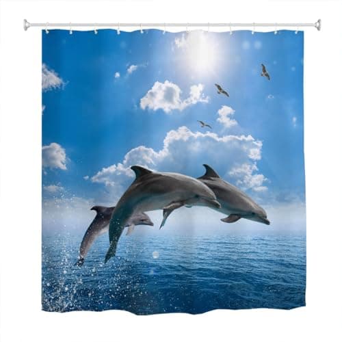 Image of goodbath Dolphin Shower Curtain, Ocean Sea Anti Mould Fabric Waterproof Bath Curtains for Bathroom with 12 Hooks, 180x180cm