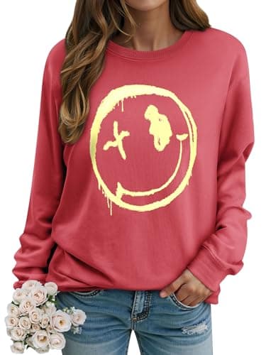 Image of WIEIYM Women Sweatshirt Smile Face Crewneck Pullover Long Sleeve T Shirt Graphic Print Basic Tops Causal Jumpers S-XXL Red