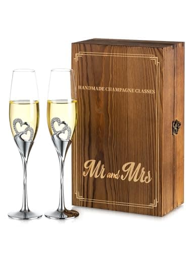Image of NUPTIO Wedding Gifts Champagne Flutes: Mr Mrs Prosecco Glasses Set of 2 - Gifts for Couple Anniversary - Engagement Presents for Bride Groom