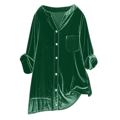 Image of Women's Vintage Velvet T-Shirt Casual Long Sleeve Top Velvet Tops for Women Vintage Button Down Shirts Blouse for Pocket (A-Green, XXL)