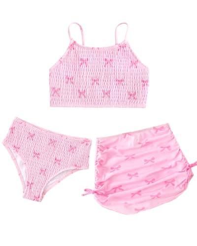 Image of JiAmy Girls 3 Piece Swimsuit Bikini Set Floral Butterfly Print Bathing Suit with Mesh Skirt Adjustable Straps Swimwear for Kids Tween Teen Girls 130,Pink