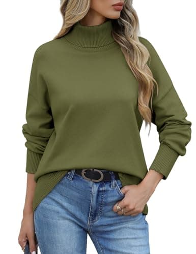 Image of PASUDA Women's Jumpers Turtle Neck Sweaters Winter Long Sleeve Tops Autumn Soft Pullover Elegant Ladies Jumper Casual Loose Sweatshirts Knit Pullover Tops(Army Green,M)