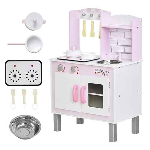 Image of HOMCOM Kids Kitchen Play Set Wooden Pretend Play Toy w/Sounds Utensils Pans Storage Child Role Play Accessories for 3 Years+ Pink