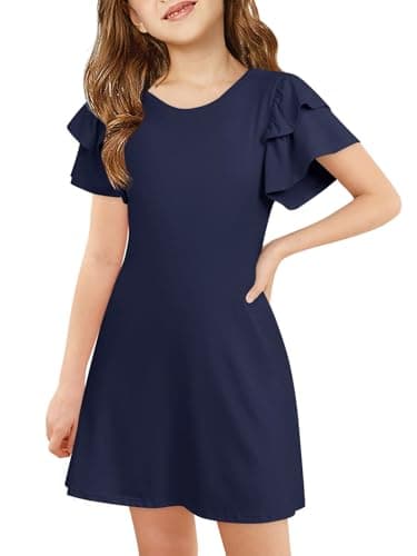 Image of Haloumoning Girls' Dress Ruffle Sleeves Round Neck Summer Dress A-line Plain Casual Elegant Party Dress Birthday Wedding Festive Dresses Navy Blue 11-12years
