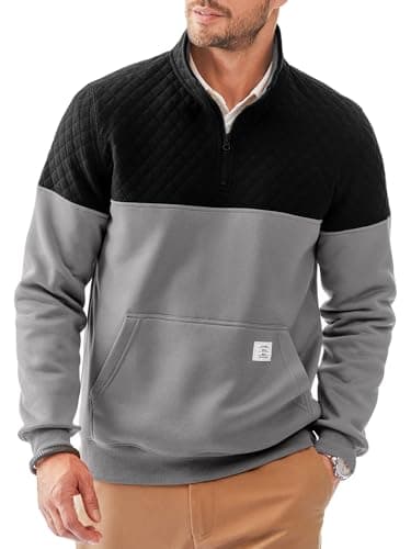 Image of Dokotoo Men Men's Mock Neck Sweatshirts Quarter Zip Quilted Sweater Color Block Long Sleeve Casual Pullover, Gray, Small