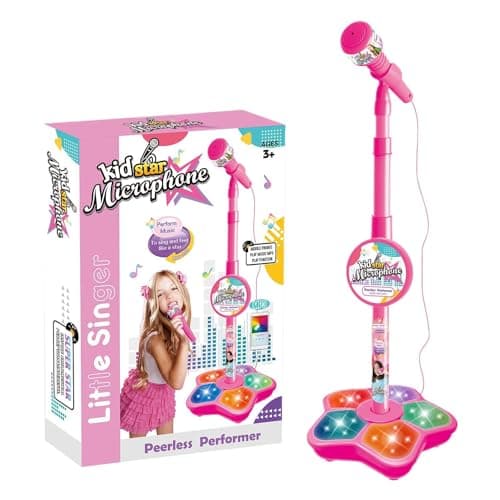 Image of Kids Microphone and Stand, Karaoke Machine Kids, with Adjustable Height & Flashing Stage Lights, Portable Microphone Karaoke Playset, Christmas Party Fun Sing Musical Toy for Girls and Boys (Red)