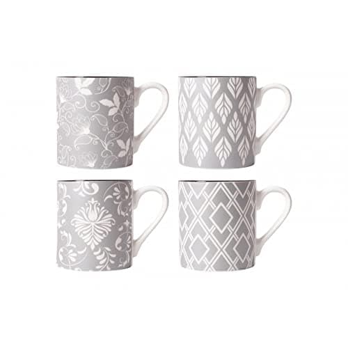 Image of YöL Set Of 4 Porcelain New Bone China Mugs Coffee Tea Cup 17oz Grey White Floral Geometric Large