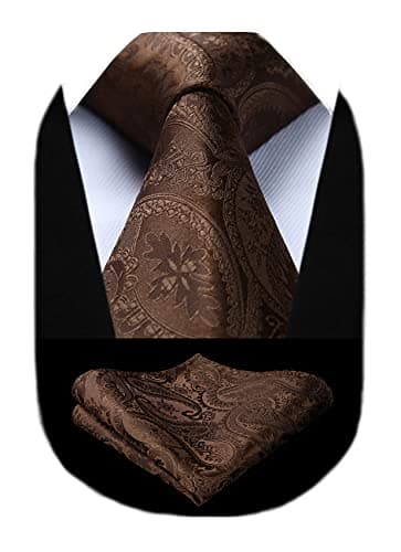 Image of HISDERN Solid Brown Paisley Tie for Men Handkerchief Woven Classic Flroal Men's Necktie & Pocket Square Set Wedding