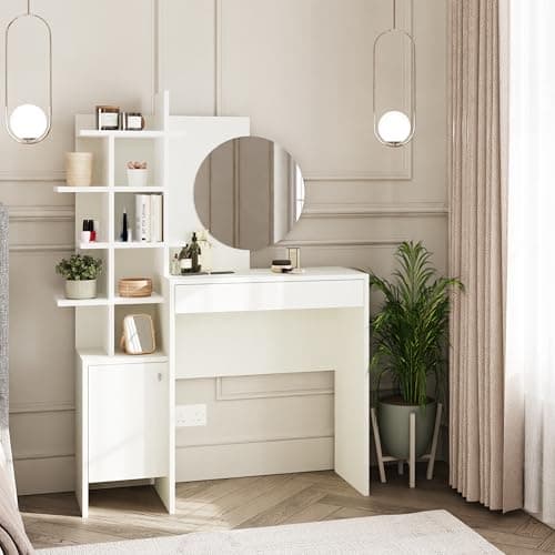 Image of GFW Freyja Dressing Table Set White. Make Up & Hair Vanity Table With Drawers, Large Round Mirror & Storage Cabinet & Shelves. Modern Makeup Desk, H - 152cm x W - 113cm x D - 35cm.